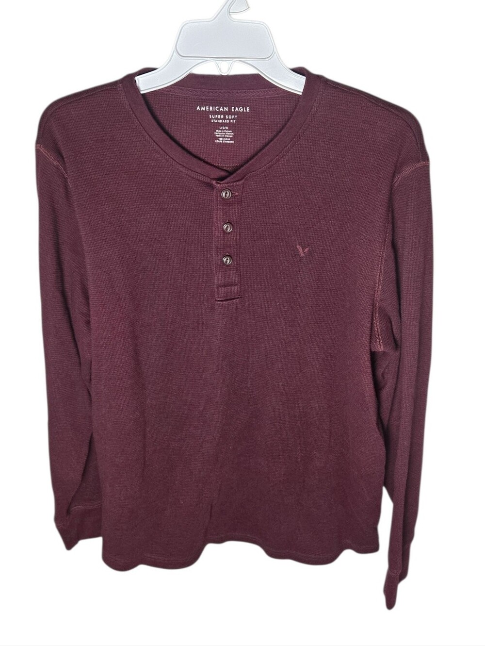 American Eagle Men's Henly Soft Waffle Knit Maroon Lg Cozy‎ Fall Layer